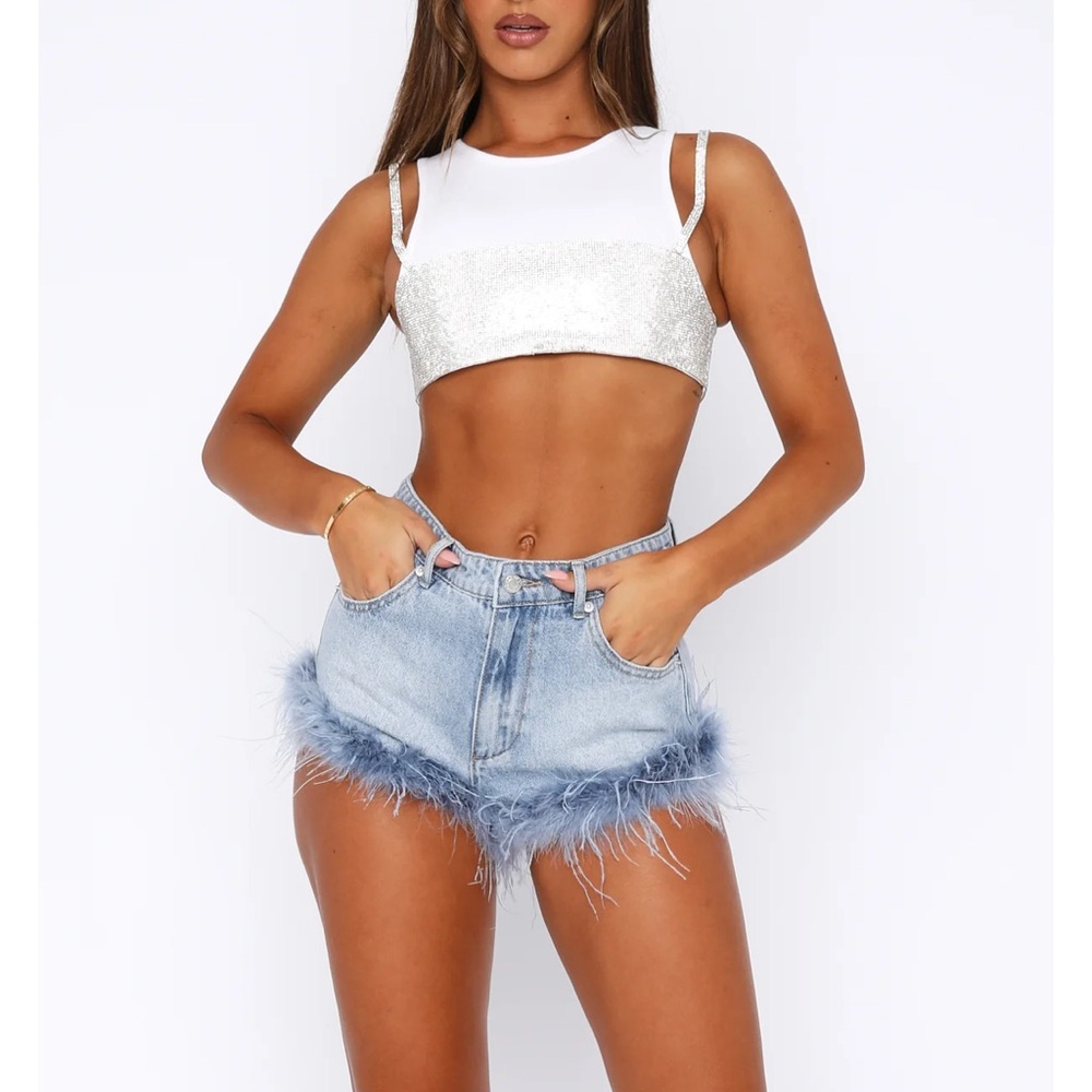 White Fox Feather Denim Short and Top Set